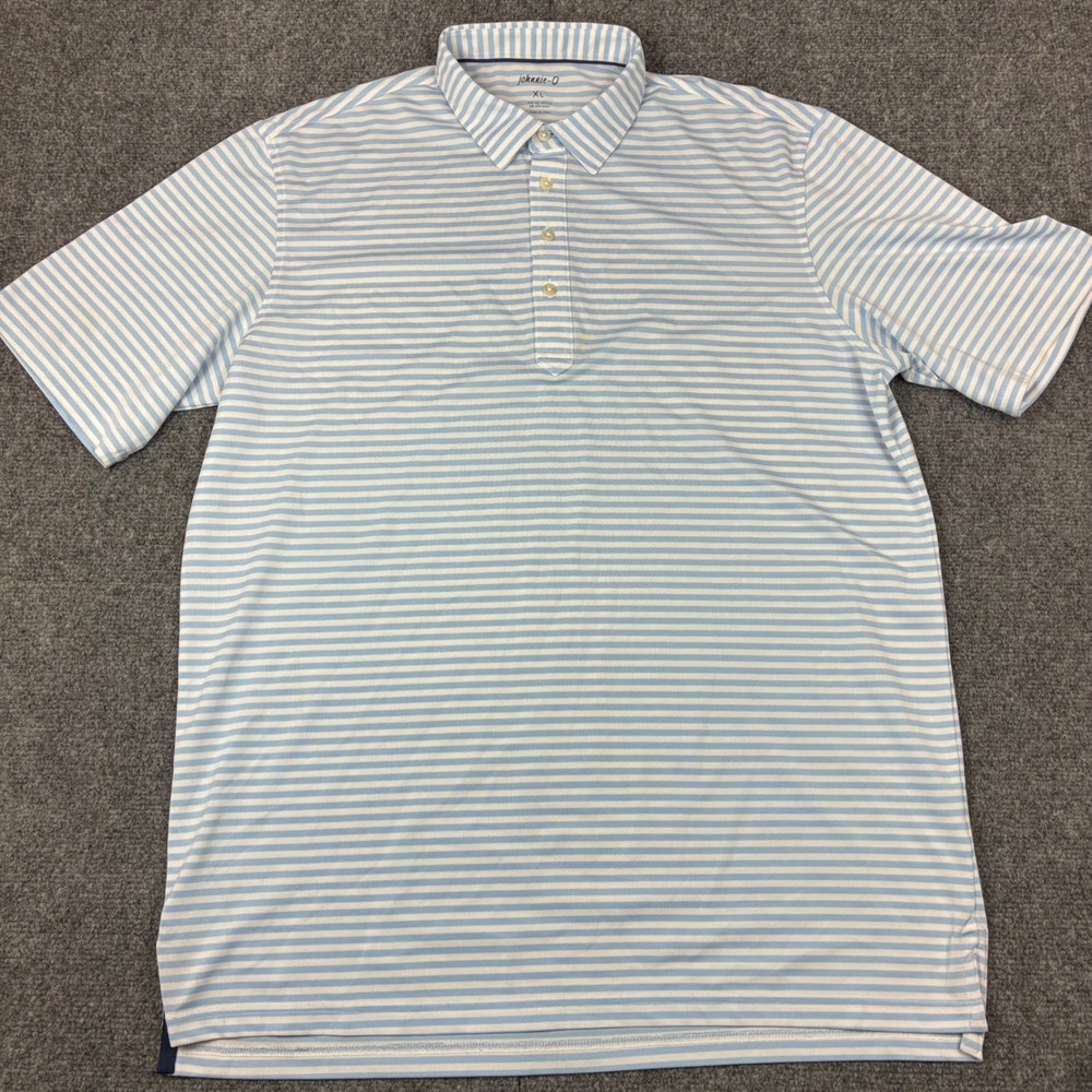 Johnnie-O Mens XL Blue White Striped Performance Polo Shirt Short Sleeve Golf - Picture 2 of 7